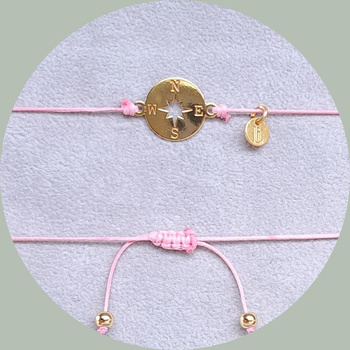 Bransoletka sznurkowa z różą wiatrów – srebro 925 pozłacane 24k | Jasno-Różowa