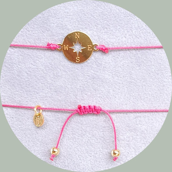 Bransoletka sznurkowa z różą wiatrów – srebro 925 pozłacane 24k | Różowa