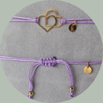 Bransoletka sznurkowa z sercami – srebro 925 pozłacane 18k | Fiolet